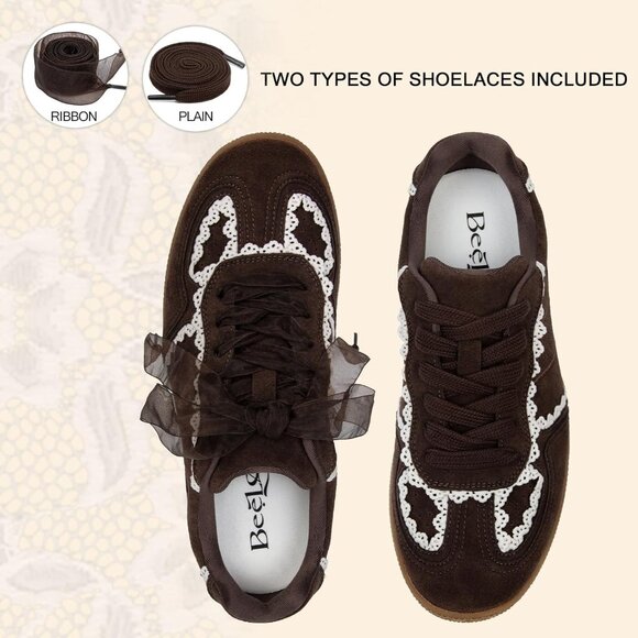 Casual Brown Sneakers Women with Lace Detail Ribbon Leather Upper Memory Foam - Picture 5 of 6